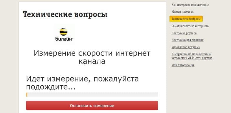 Проверка скорости интернета на сайте Билайн