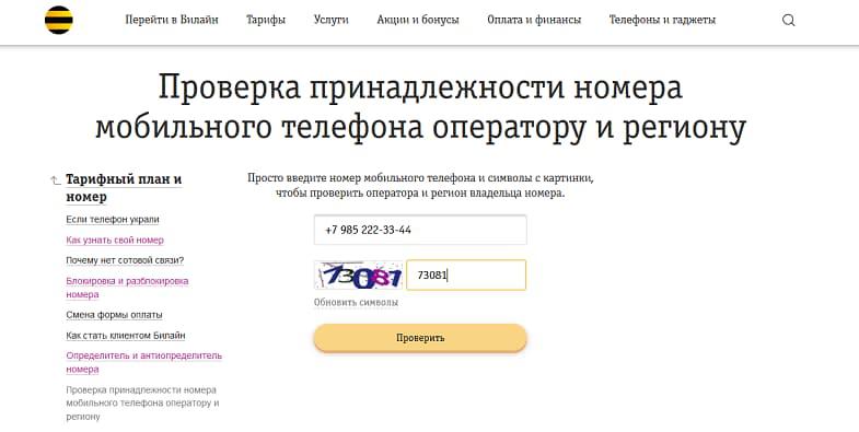 Проверка по номеру оператора и региона на сайта Билайн